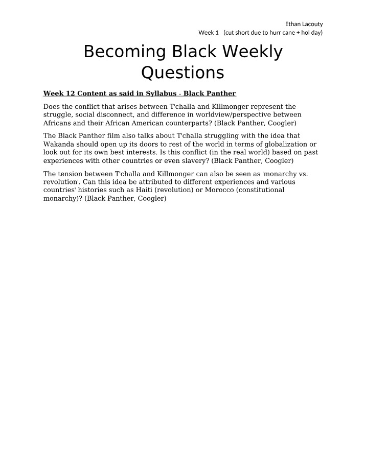 Weekly Questions for Becoming Black
