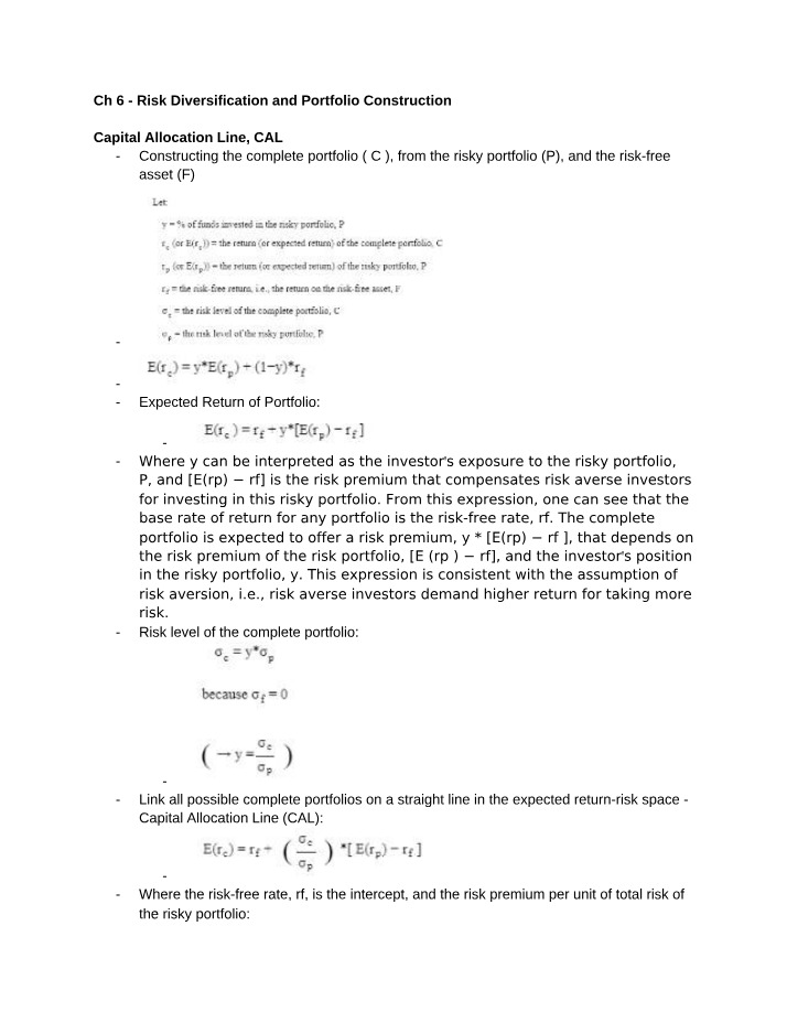 Diversification and Markowitz - Chapters 6 & 7