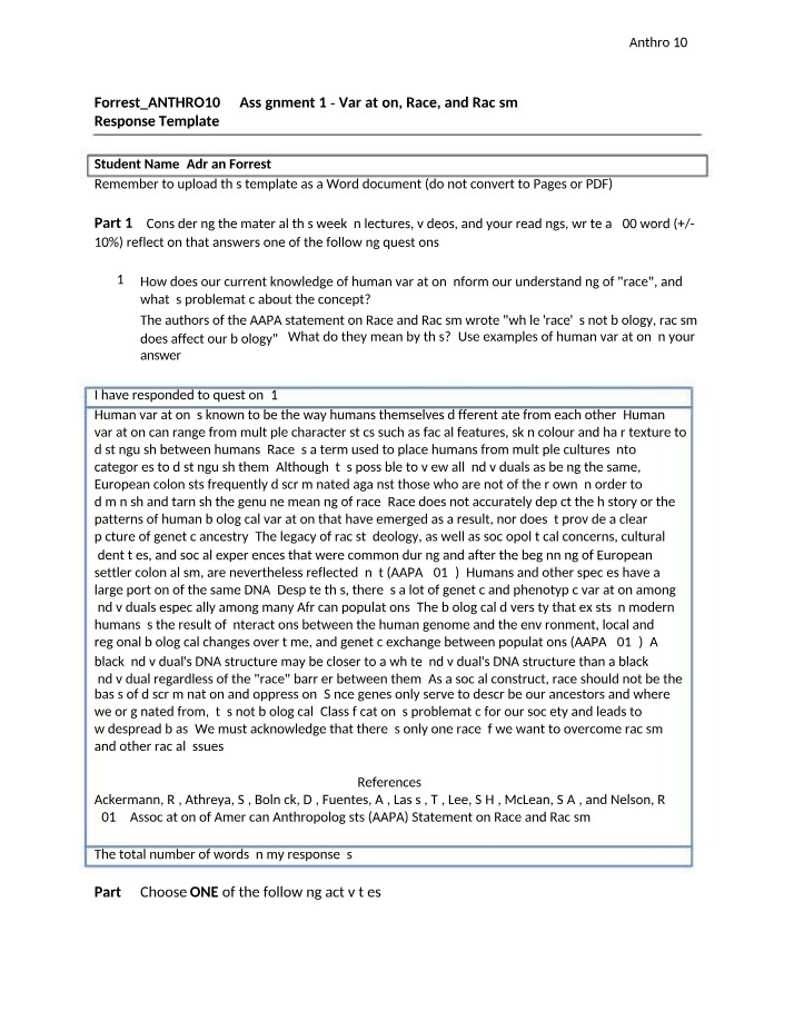 Variation, Race, and Racism - ANTHRO1022 Assignment 1