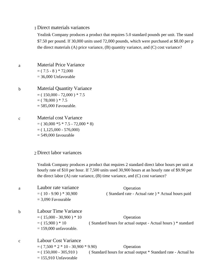 Yealink - Direct Materials and Labor Variances