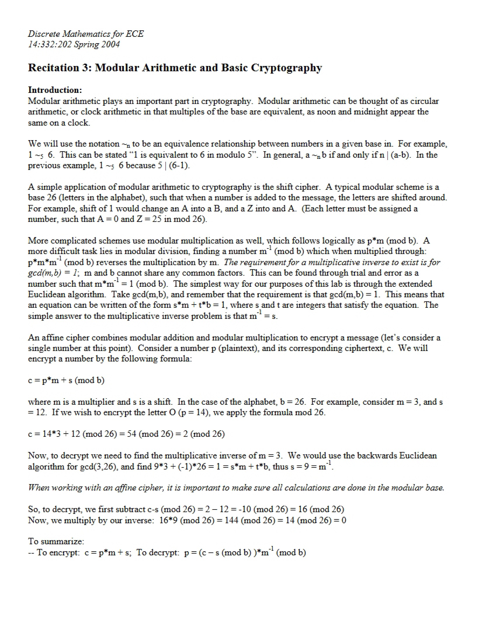 Basic Cryptography and Modular Arithmetic