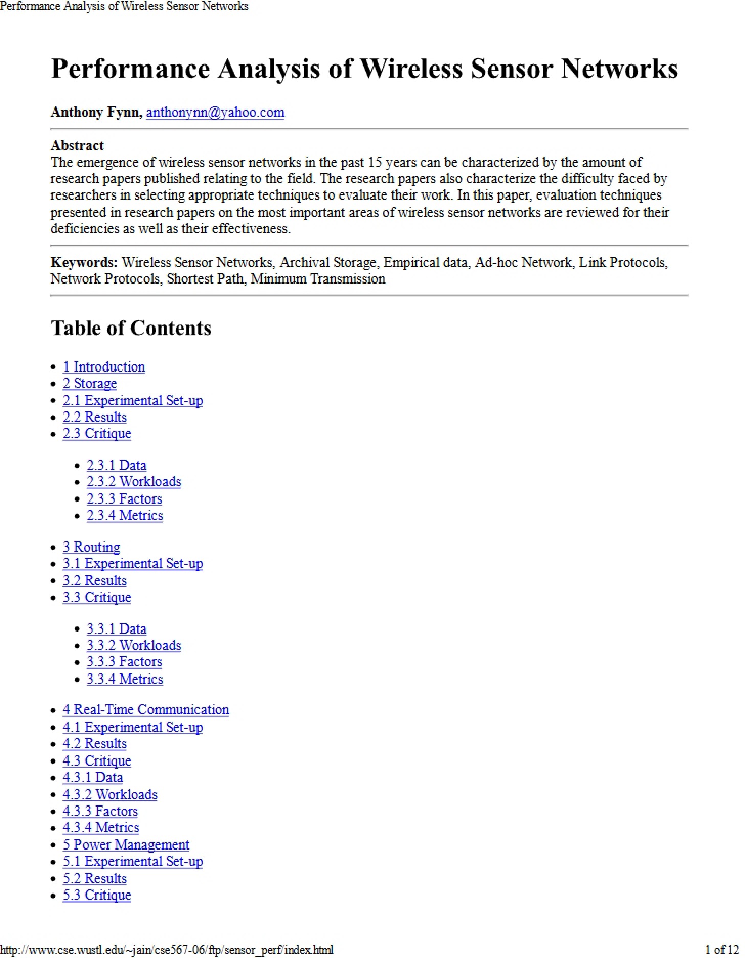 Wireless Sensor Networks Performance Analysis