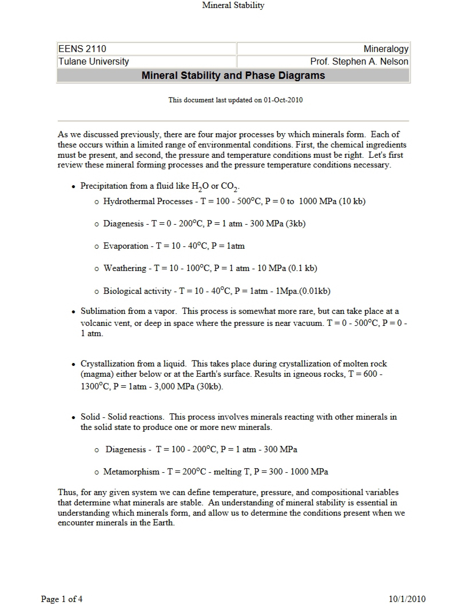 Phase Diagrams and Stability of Minerals