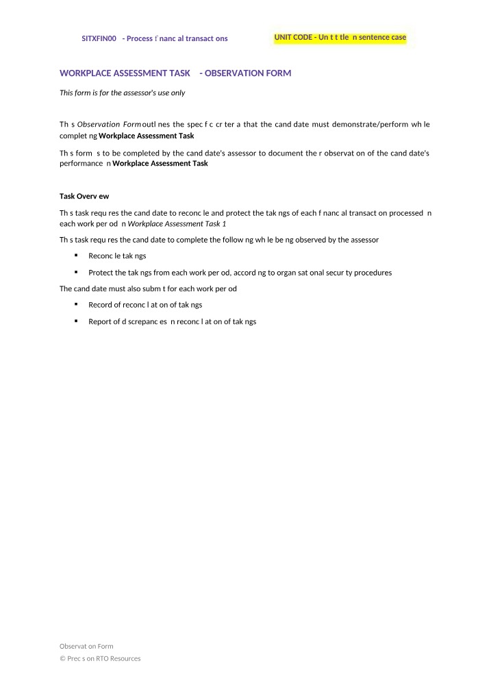 Process Financial Transactions (SITXFIN007) - Workplace Assessment Task 2 Observation Form
