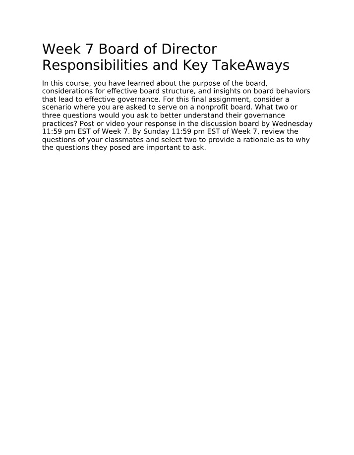 Board of Director Responsibilities and Key Takeaways - Week 7