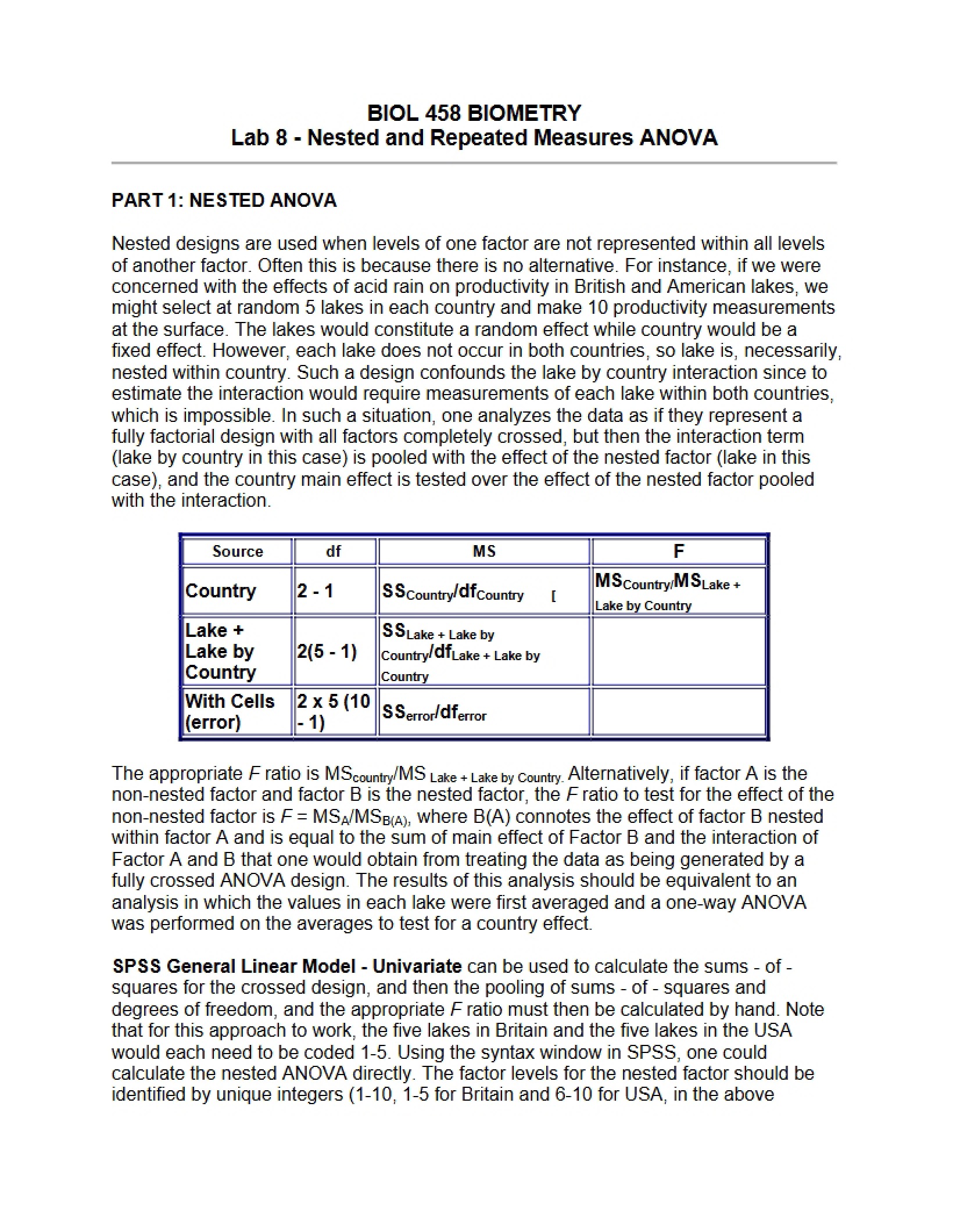 ANOVA Repeated Measures and Nested (Lab 8)