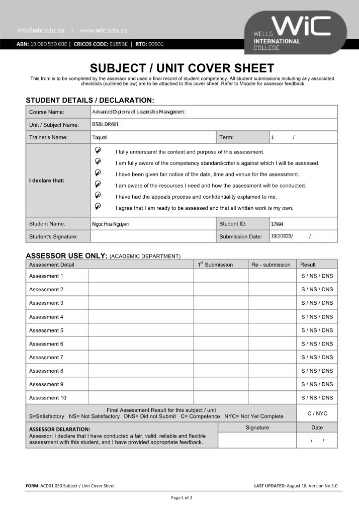 Cover Sheet for Subject Unit