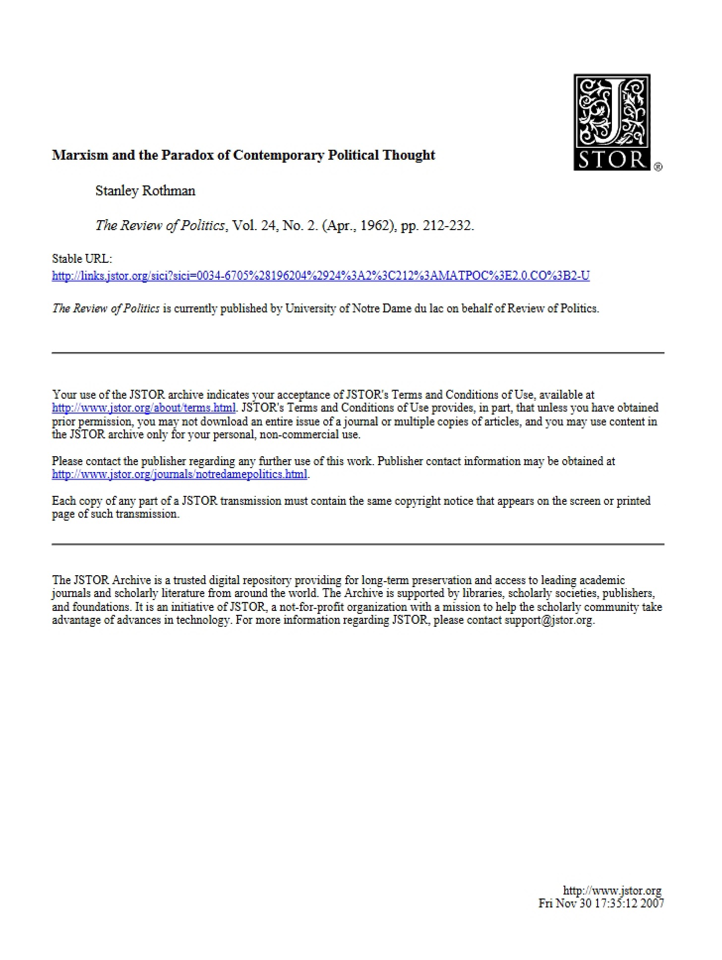 Contemporary Political Thought Marxism and Paradox
