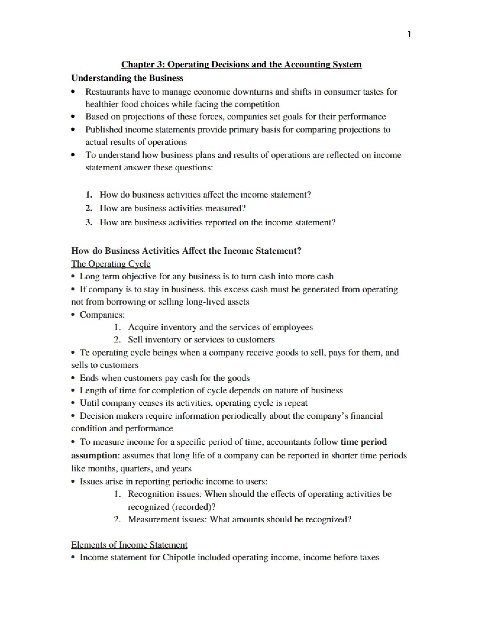 Operating Decisions and the Accounting System (Chapter 3)