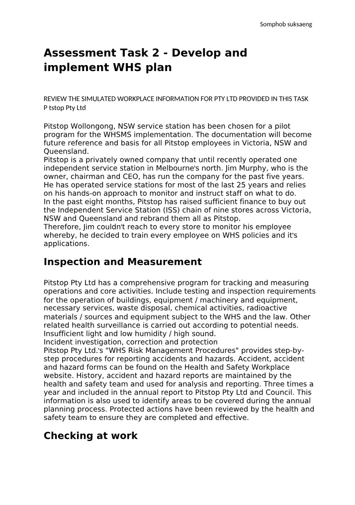 WHS Plan Development and Implementation - Assessment Task 2