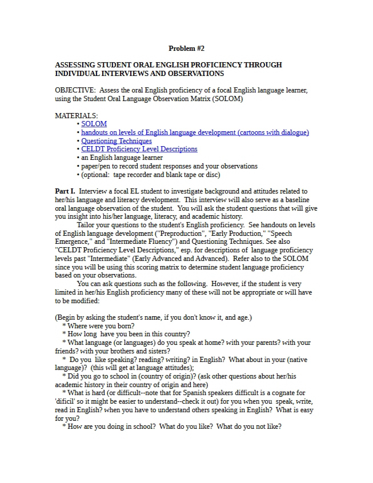World Languages Assessing Student Oral English Proficiency Through Individual Interviews and Observations