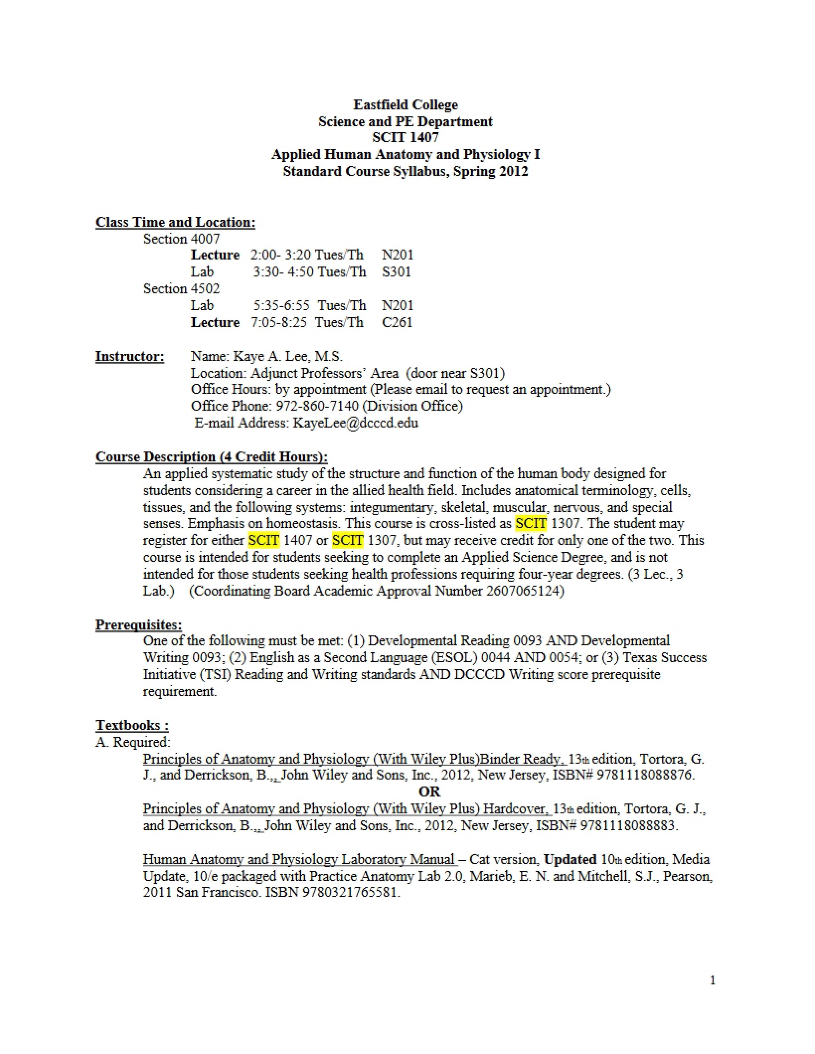 Applied Human Anatomy and Physiology I Syllabus - 8 Pages