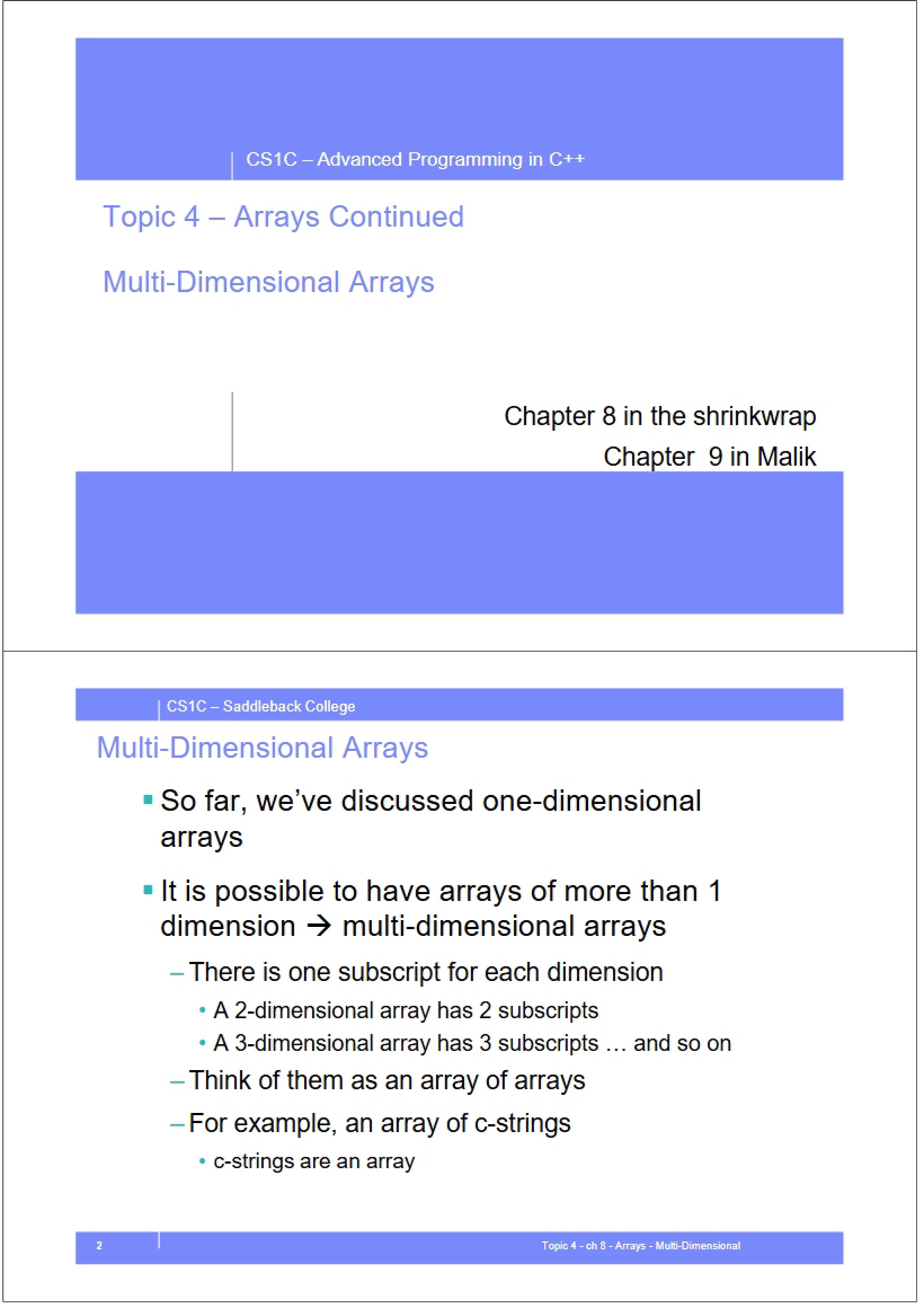Topic Four Multi-Dimensional Arrays