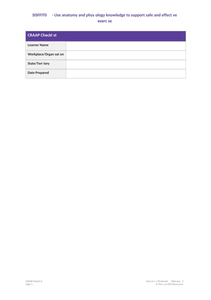 CRAAP Checklist - Anatomy and Physiology for Exercise