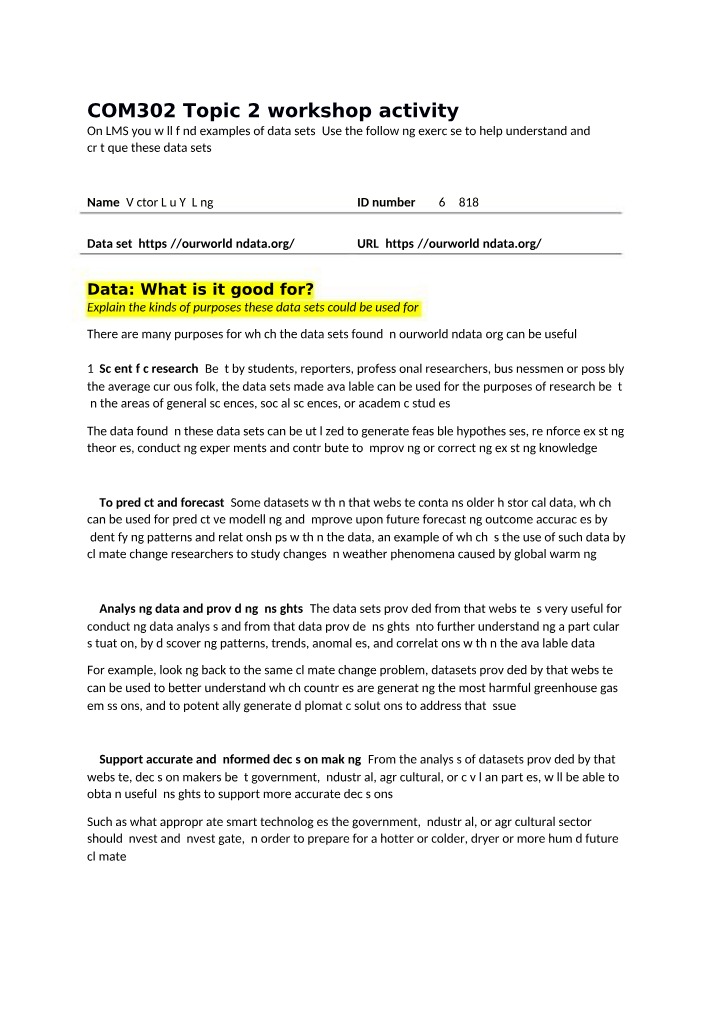 Examples, Purposes, and Concerns - Using Data Sets from Our World in Data