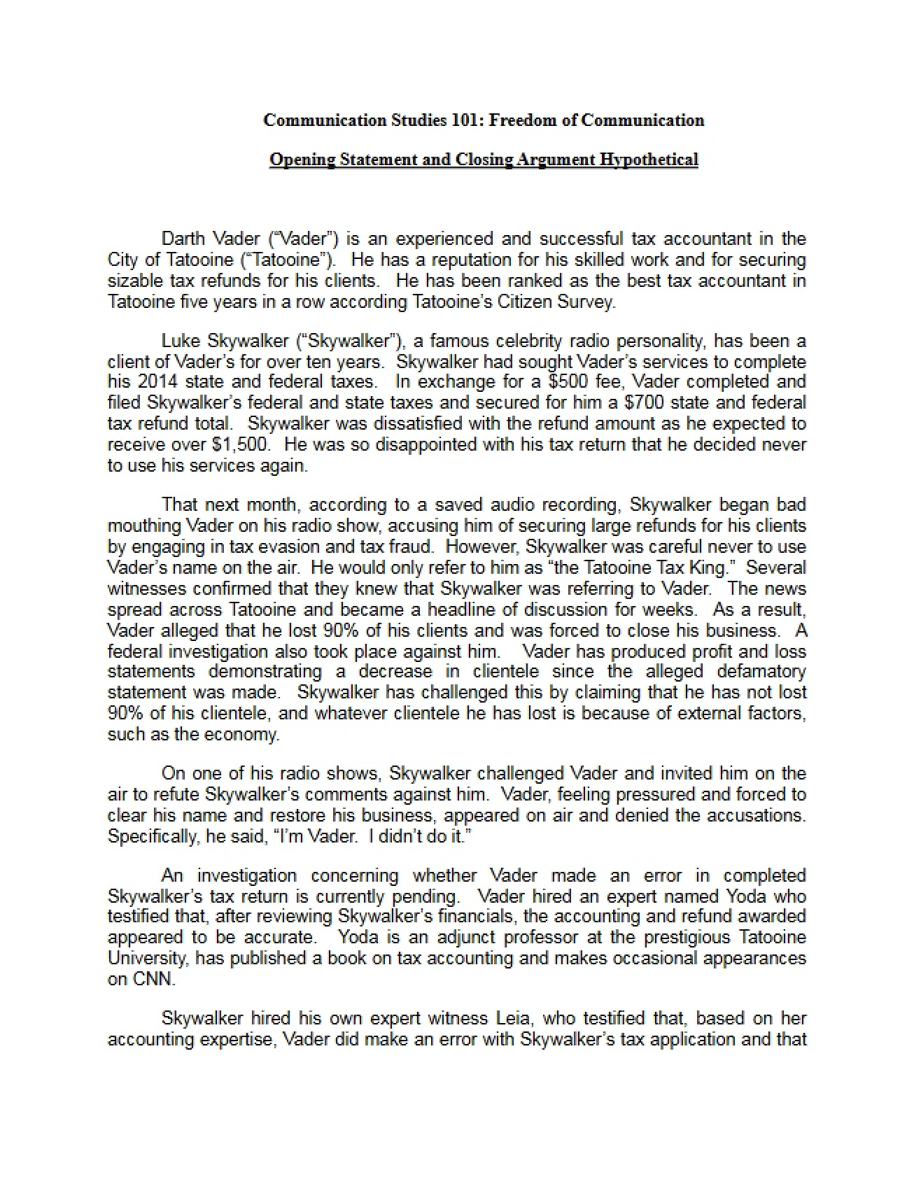 Opening StatementClosing Argument Hypo