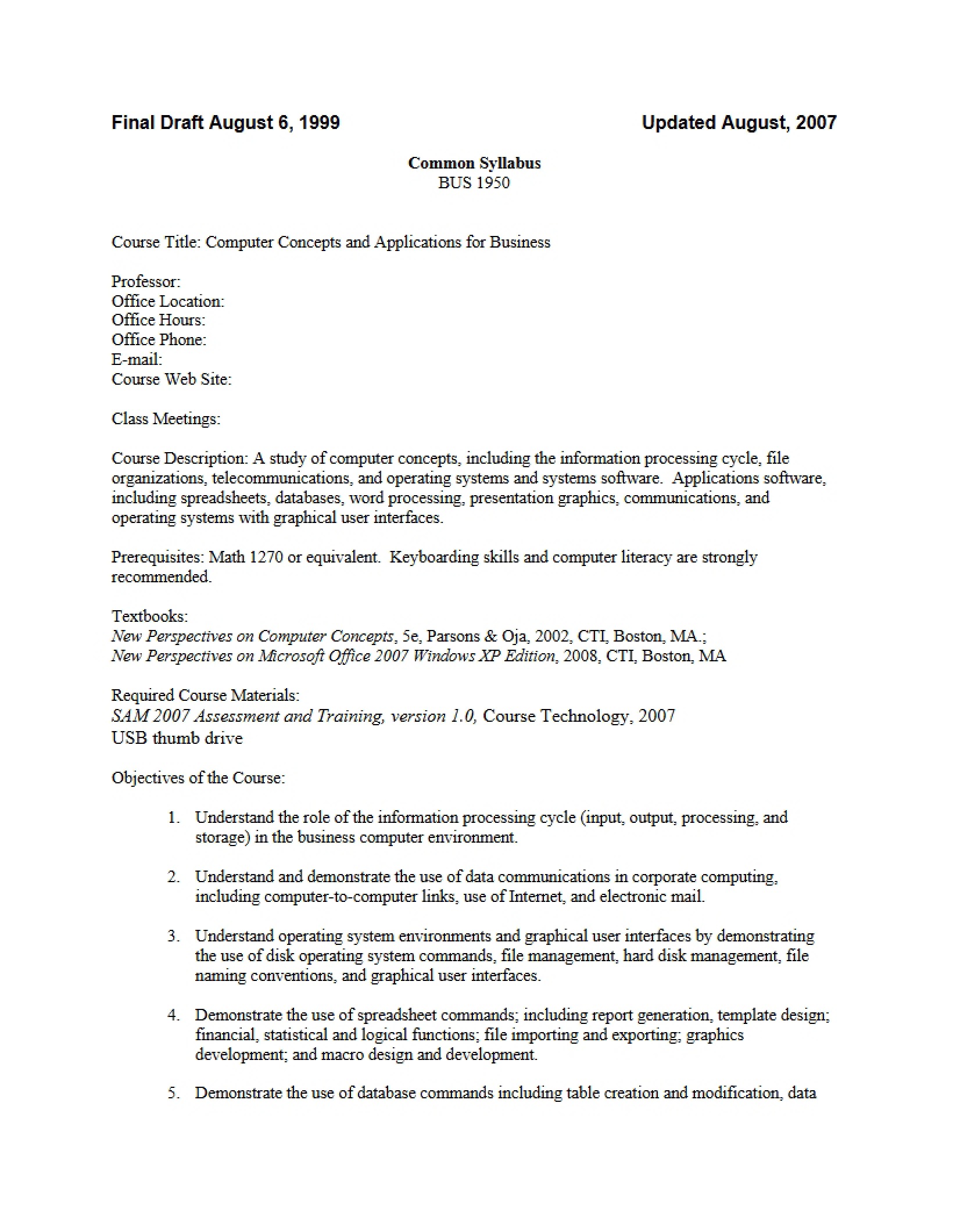 Computer Concepts and Applications Syllabus