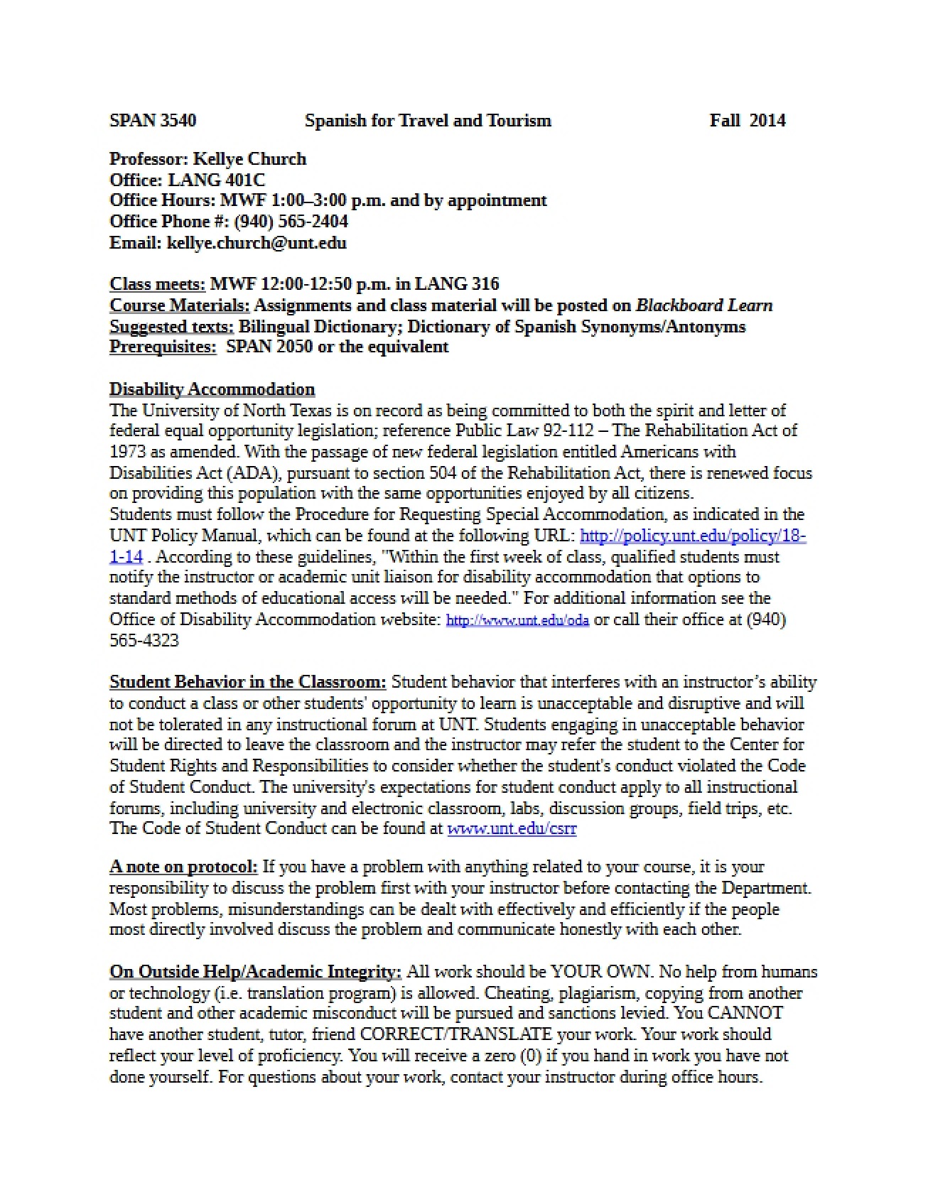 Fall 2014 Syllabus Spanish for Tourism and Travel