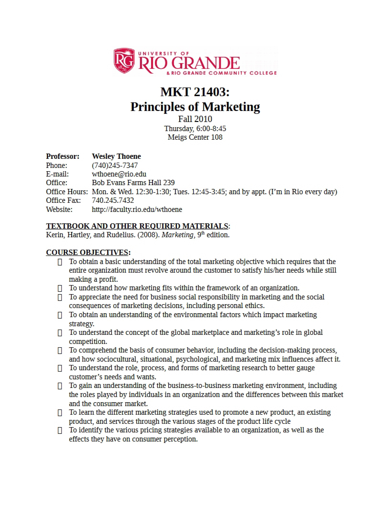 Syllabus Principles of Marketing