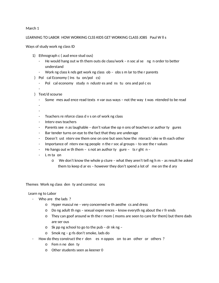 Notes for Learning to Labor