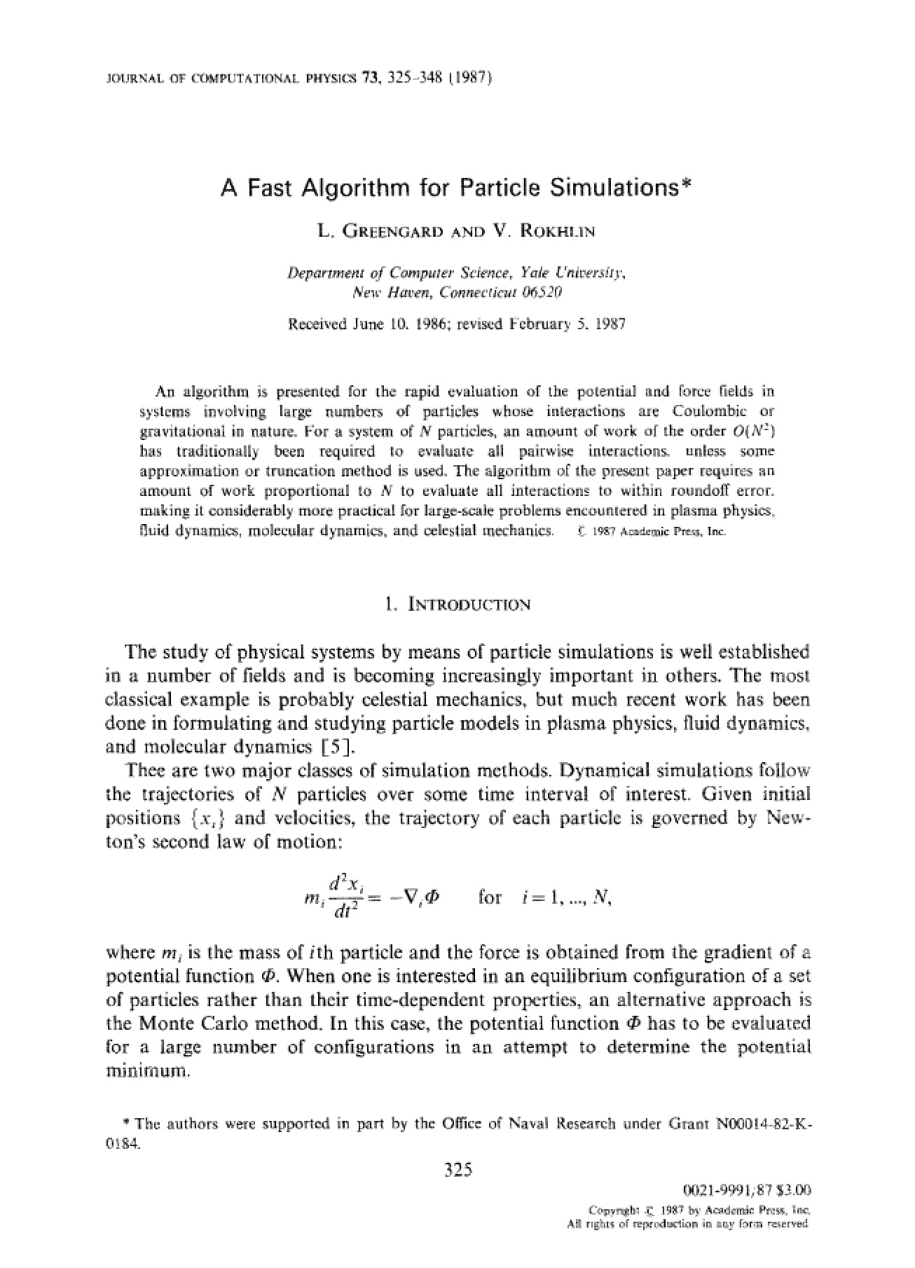 Advanced Methods in Matrix Computations A Fast Algorithm for Particle Simulations