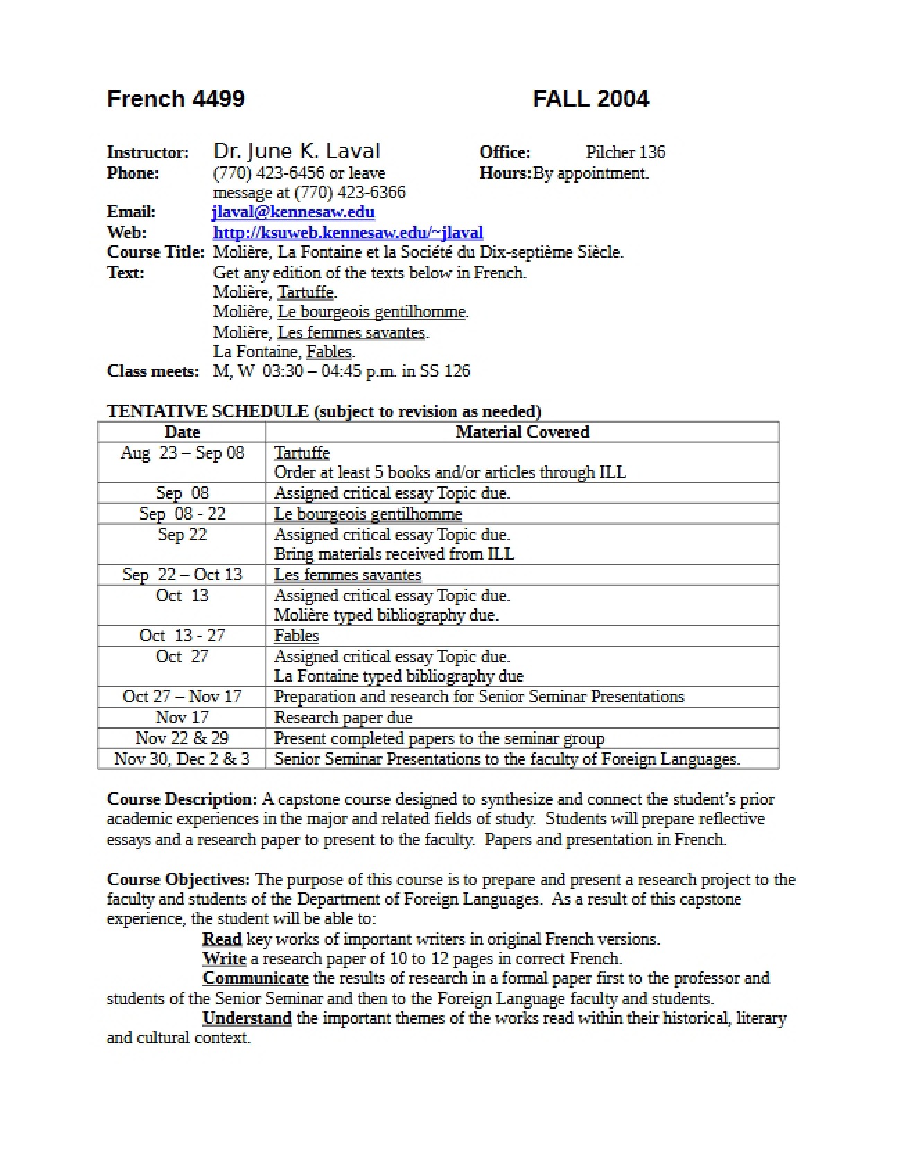 Course Outline for French Senior Seminar - 2 Pages