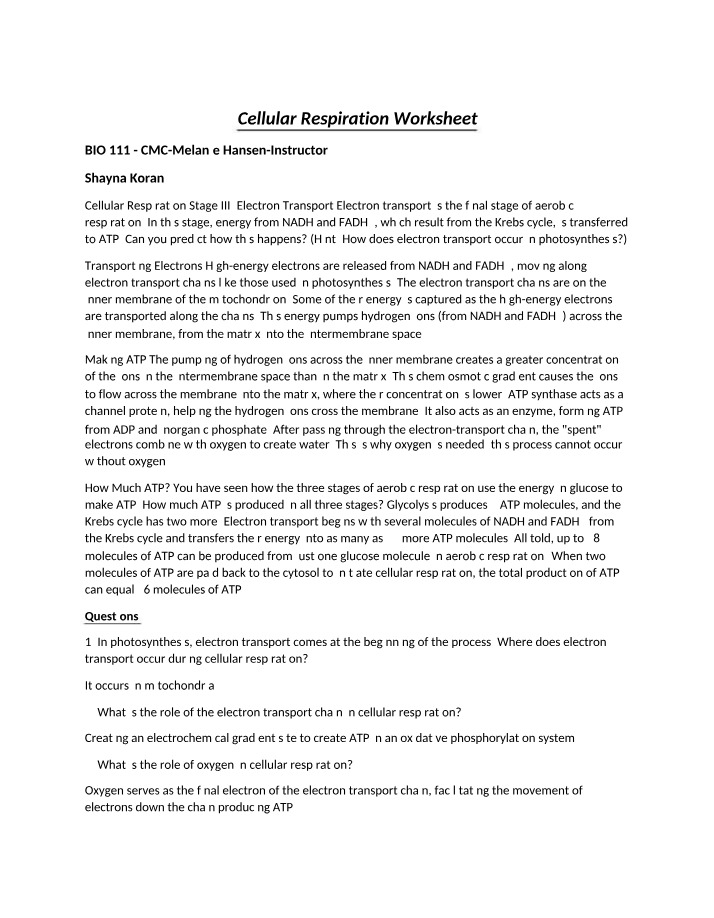 Worksheet on Cellular Respiration