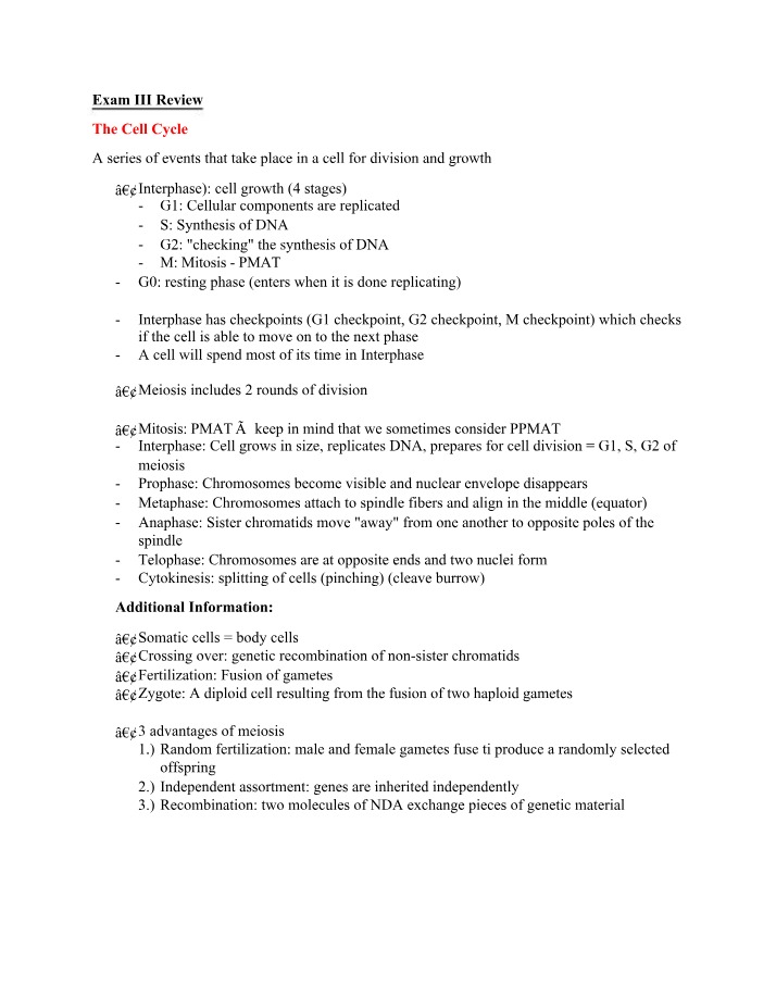 Exam III Review - Patterns of Inheritance and Cell Cycle