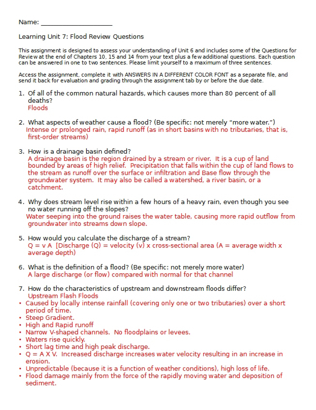Answer Key 2 for Flood Review