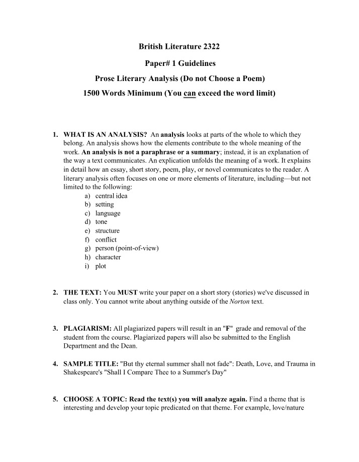 Guidelines for Prose Literary Analysis Paper