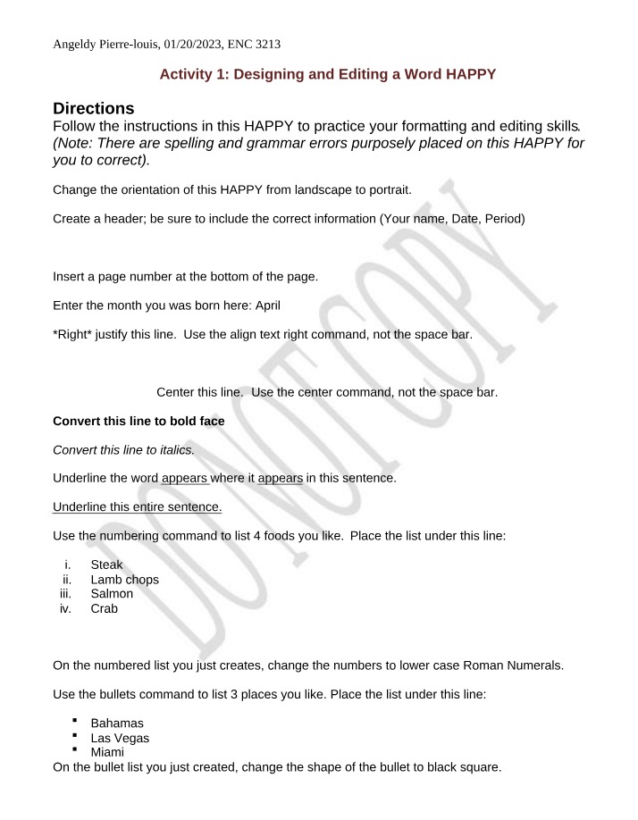 Word HAPPY Editing and Designing Activity 1