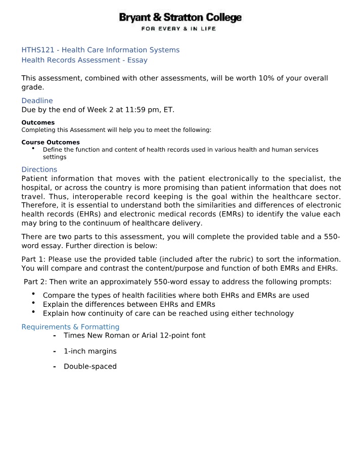 Health Records Assessment Essay Part 1