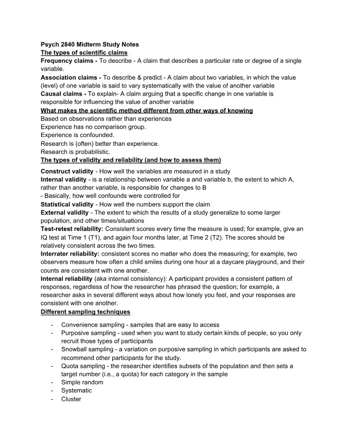 Midterm Study Notes for PSYCH 2840
