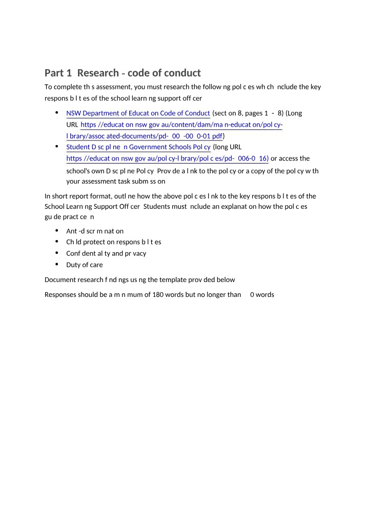 School Learning Support Officer Code of Conduct - Key Responsibilities