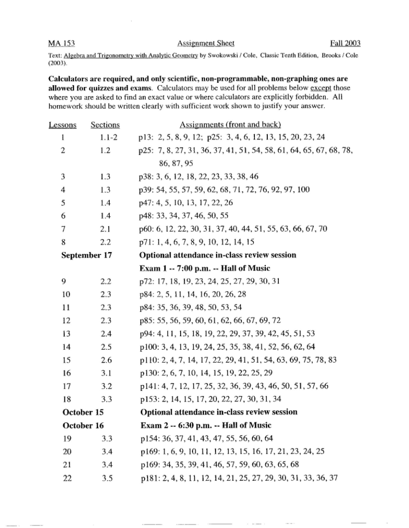 Schedule of Assignments