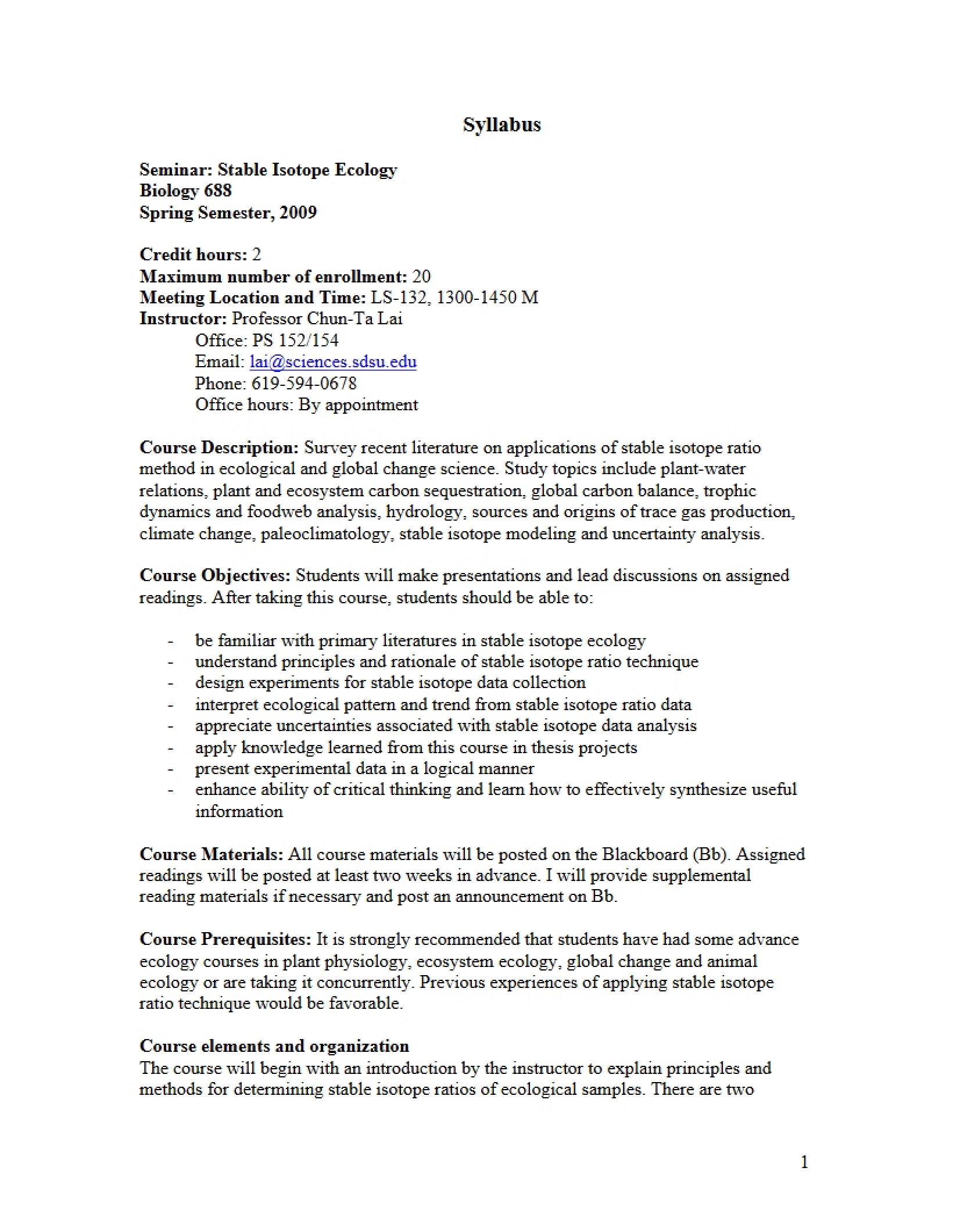 Syllabus for Terrestrial Ecology Seminar