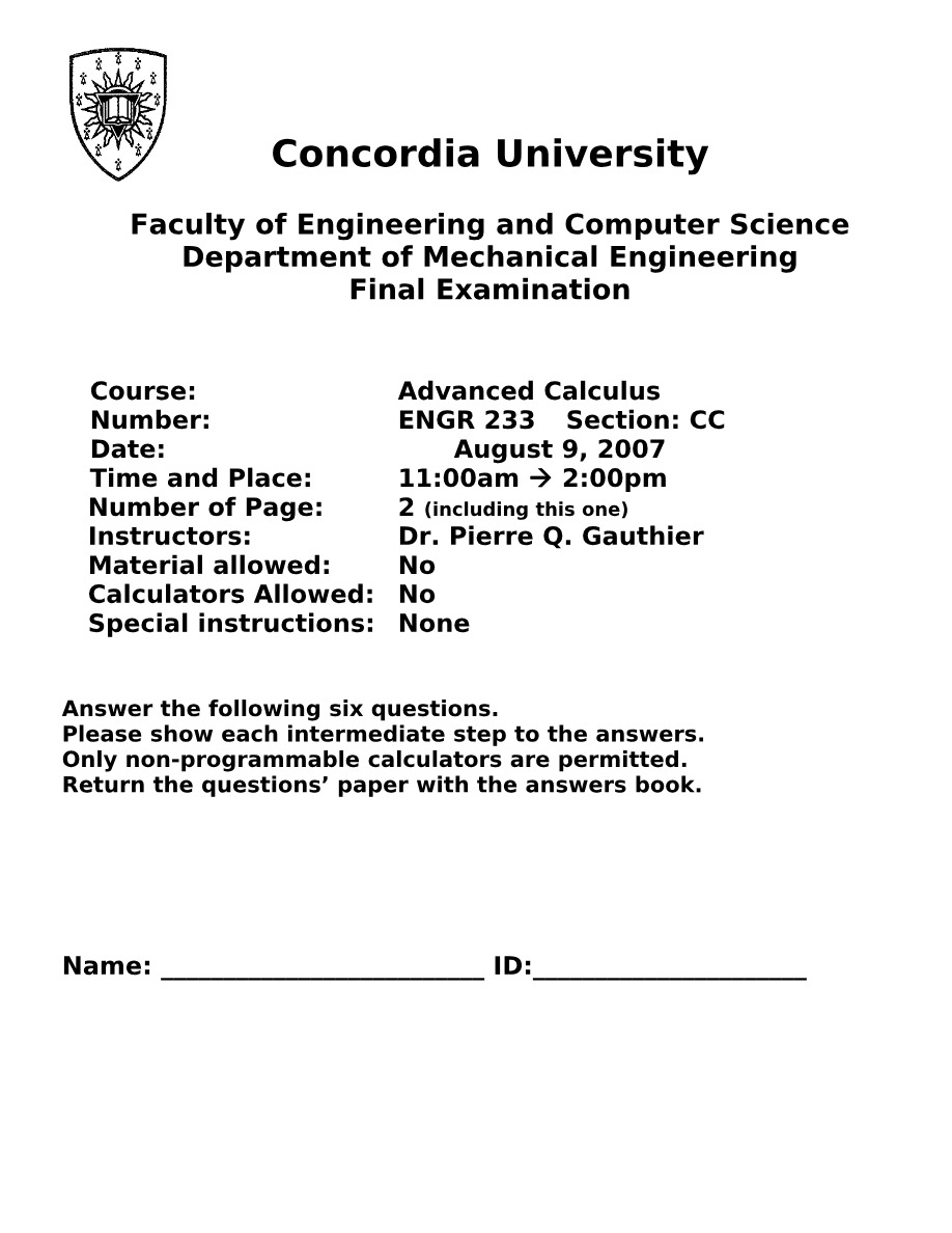 Final Examination for ENGR 233 Advanced Calculus