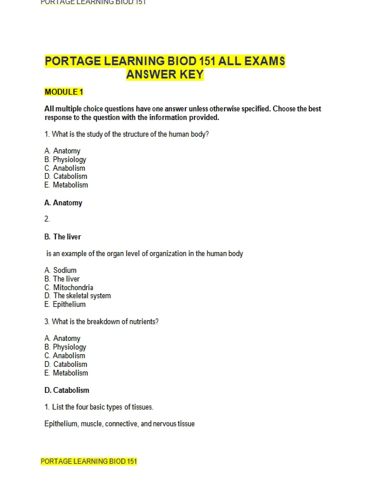 Answer Key Biod 151 Exams (Portage Learning)