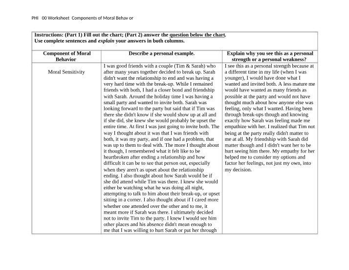 Worksheet - Components of Moral Behavior