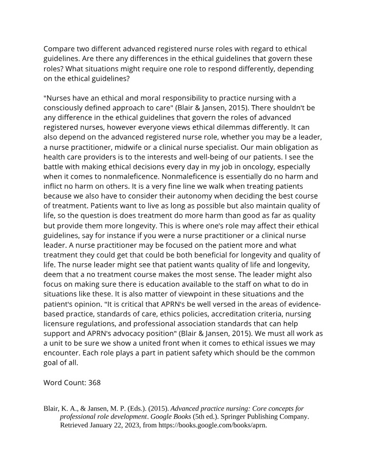 Comparing Ethical Guidelines for Advanced Registered Nurses