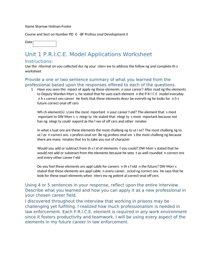Worksheet - P.R.I.C.E. Model Applications