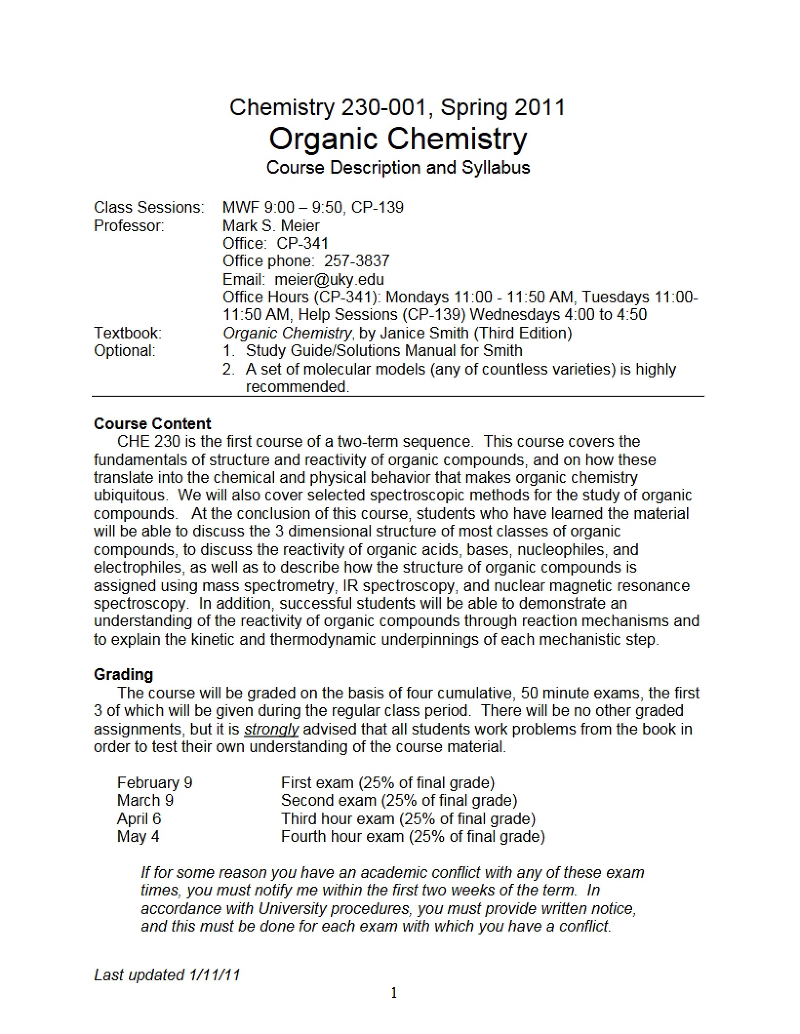 Syllabus and Description Organic Chemistry (Spring 2011)
