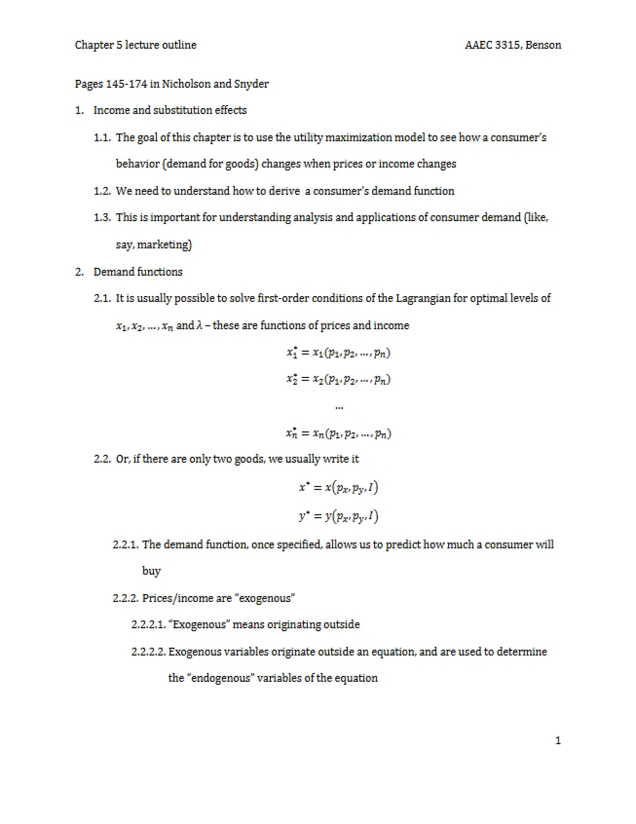 AAEC 3315 Chapter 5 Lecture Outline - Agricultural Price Theory