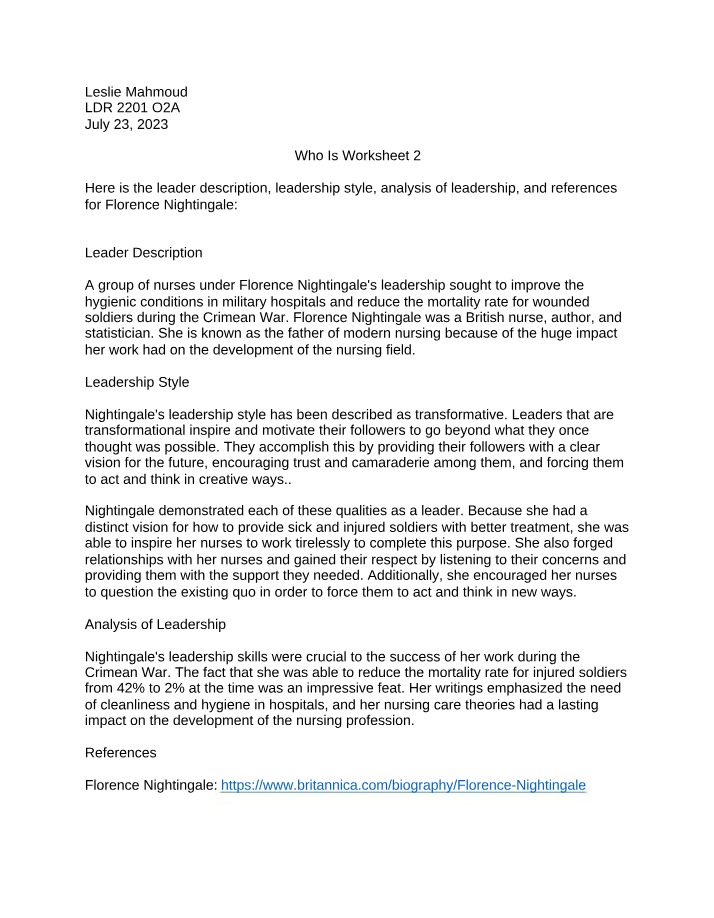 Florence Nightingale - Inspiring Transformative Leadership