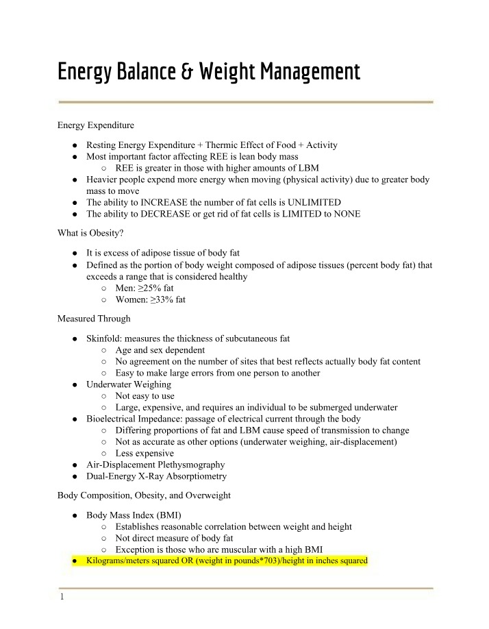 Energy Balance and Weight Management Expenditure