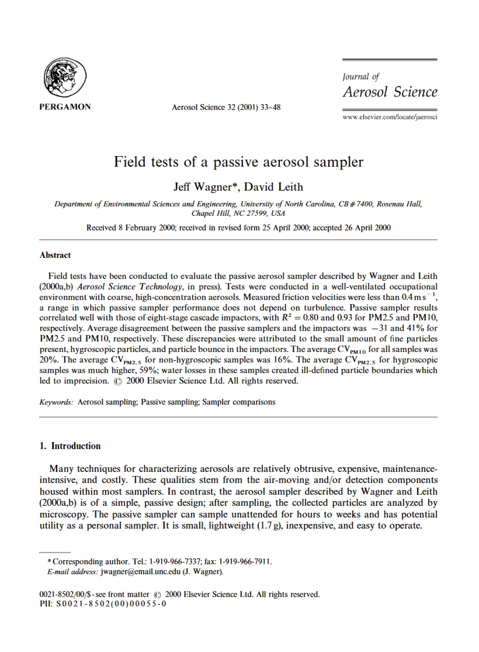 Passive Aerosol Sampler Field Testing