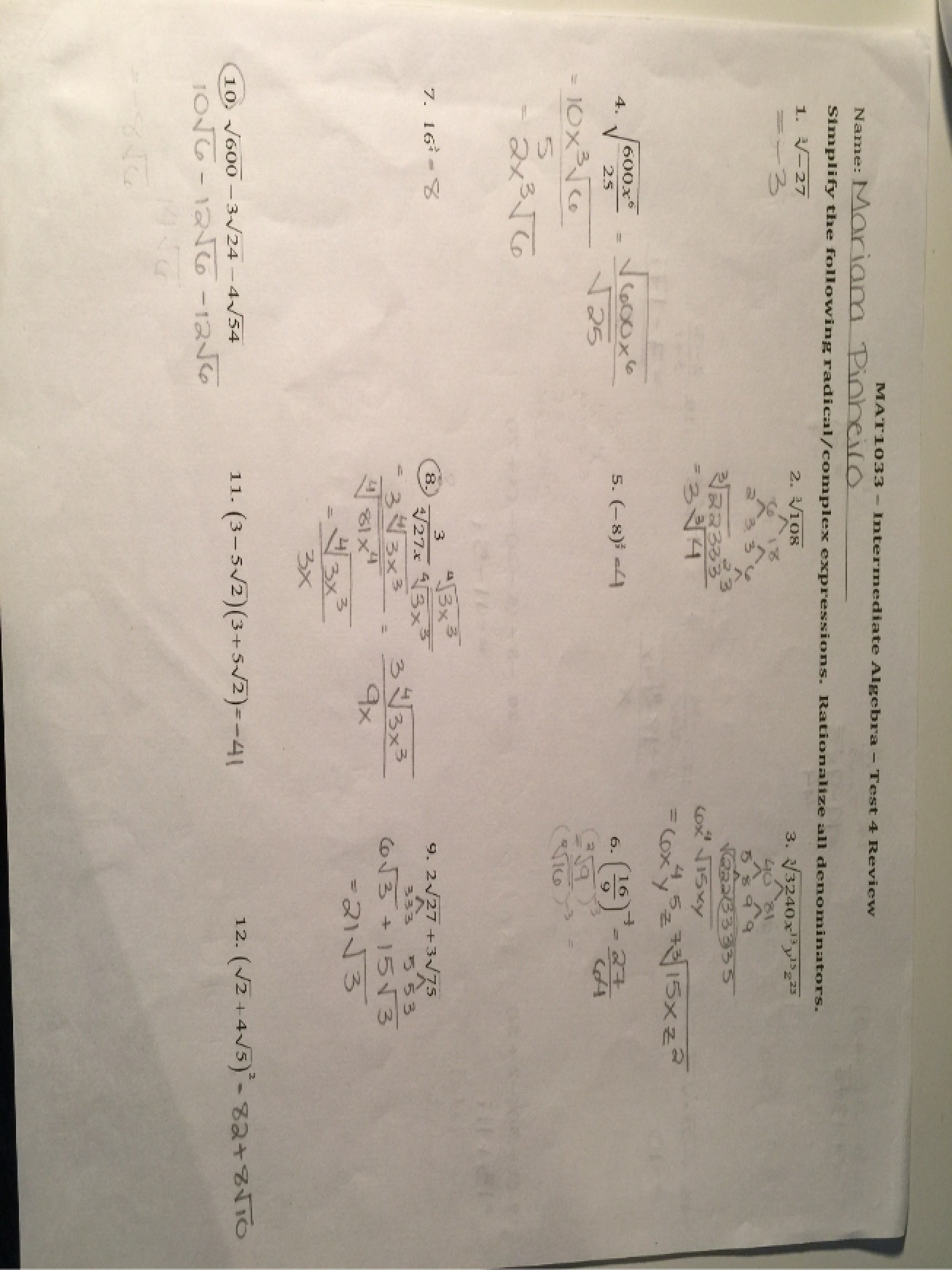 Intermediate Algebra Fourth Test