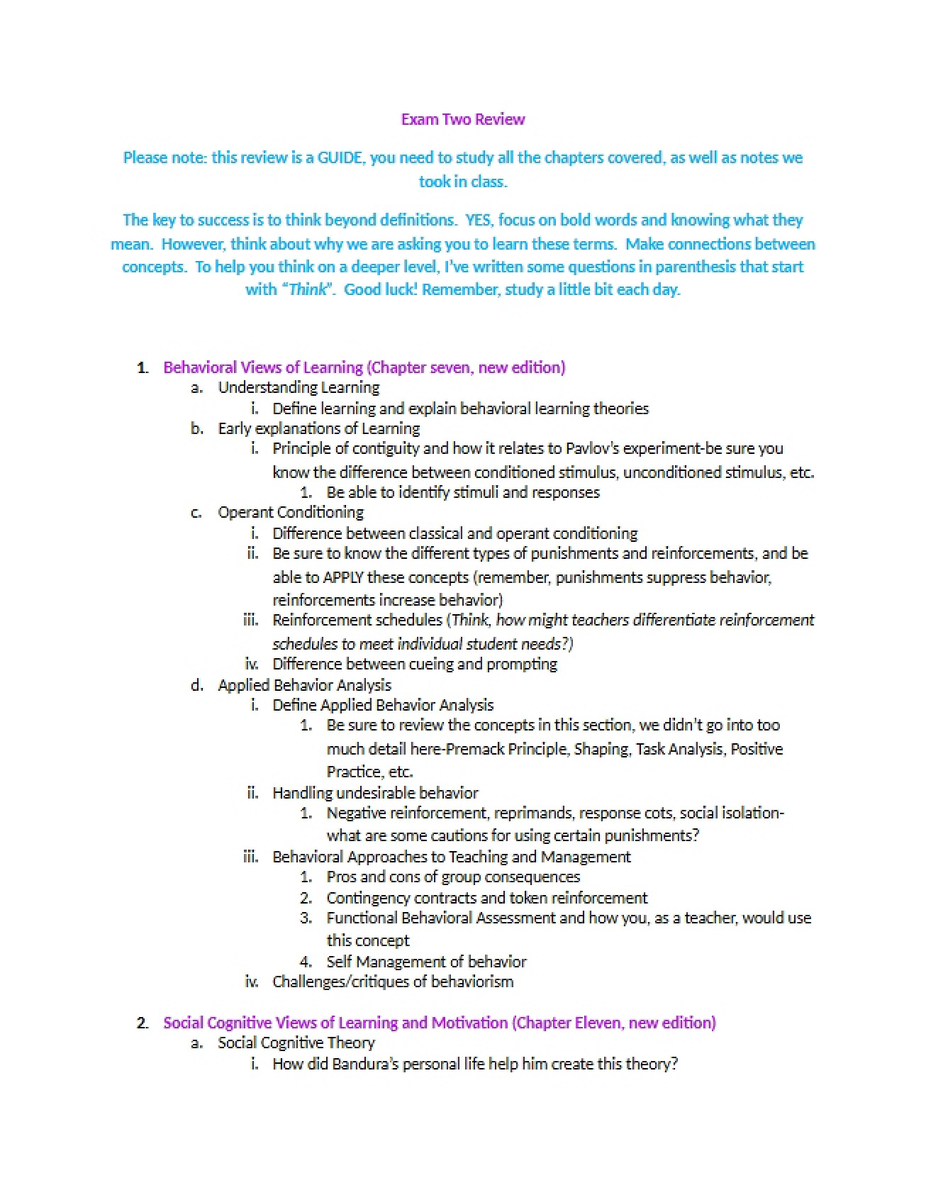 Study Guide for Exam 2