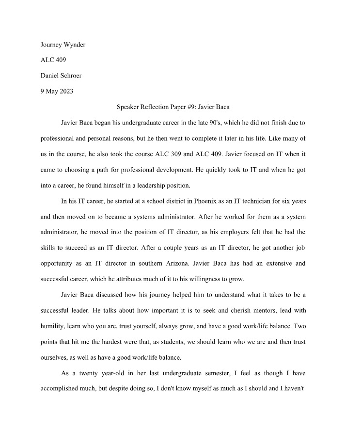 Speaker Reflection Paper #9 - ALC 409