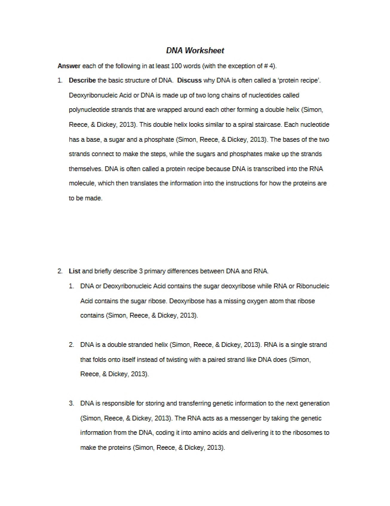 Worksheet on DNA